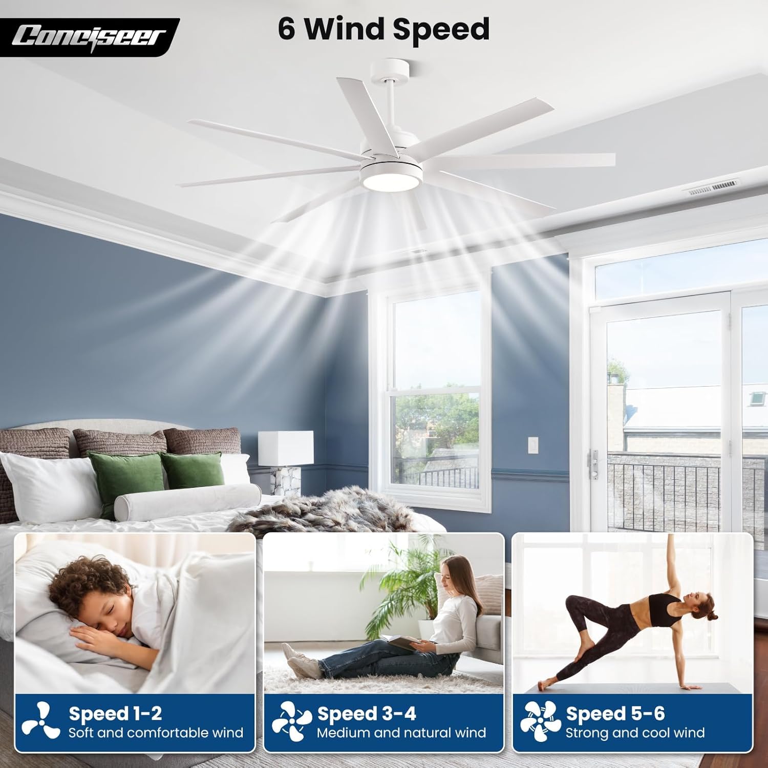 Modern Ceiling Fans with Lights, 72 Inch Ceiling Fan with Light and Remote, Bedroom Living Room Library Cafe Outdoor/Industrial,24W 3CCT Dimmable, 8 Blades 6 Speed Reversible Quiet DC Motor, Black wourant