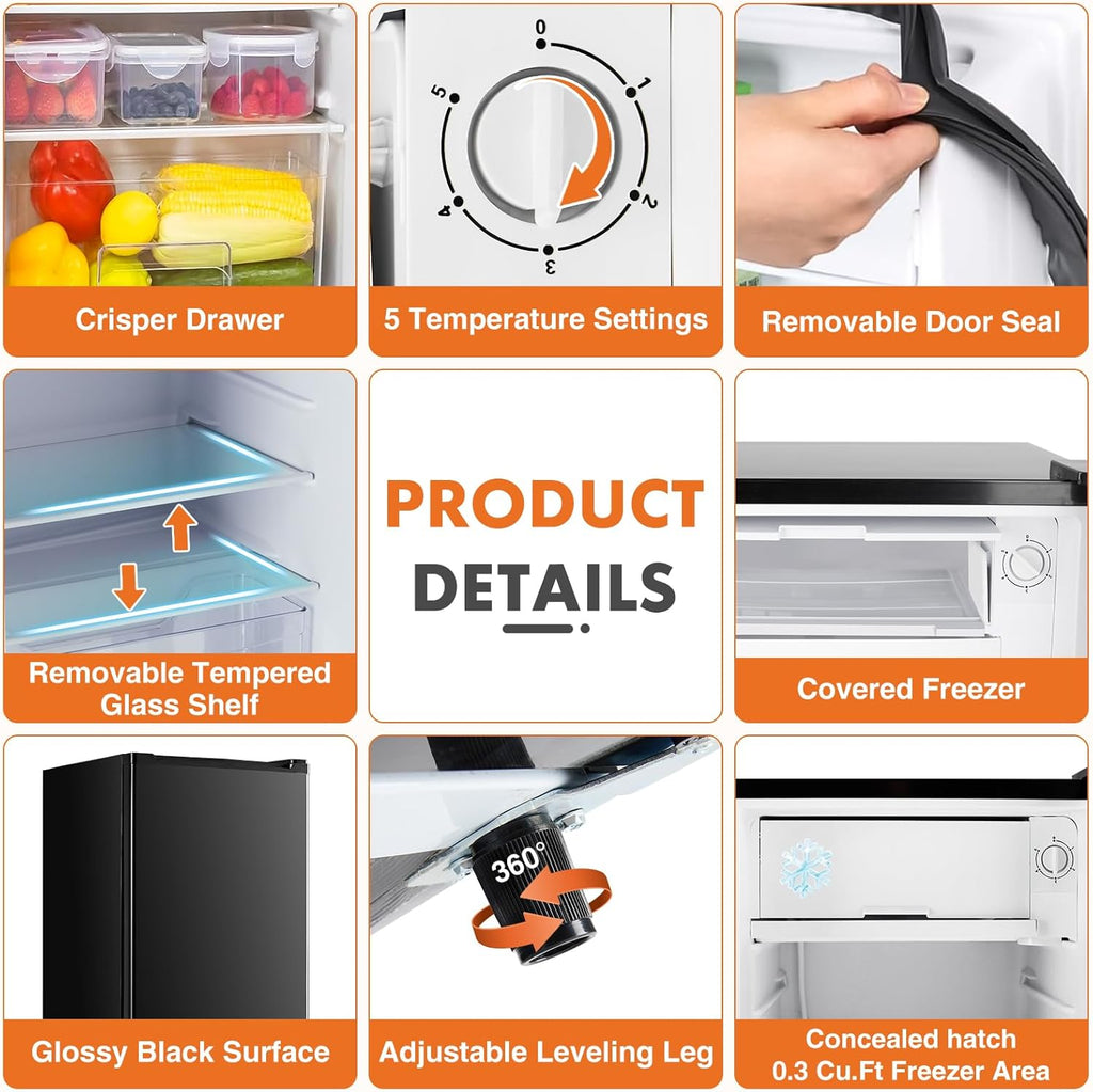 Sweetcrispy 3.2 Cu.Ft Mini Fridge with Freezer Small Refrigerator Single Door Adjustable Thermostat Energy-efficient Low Noise, Compact Fridge for Bedroom, Office, Dorm (Black) wourant