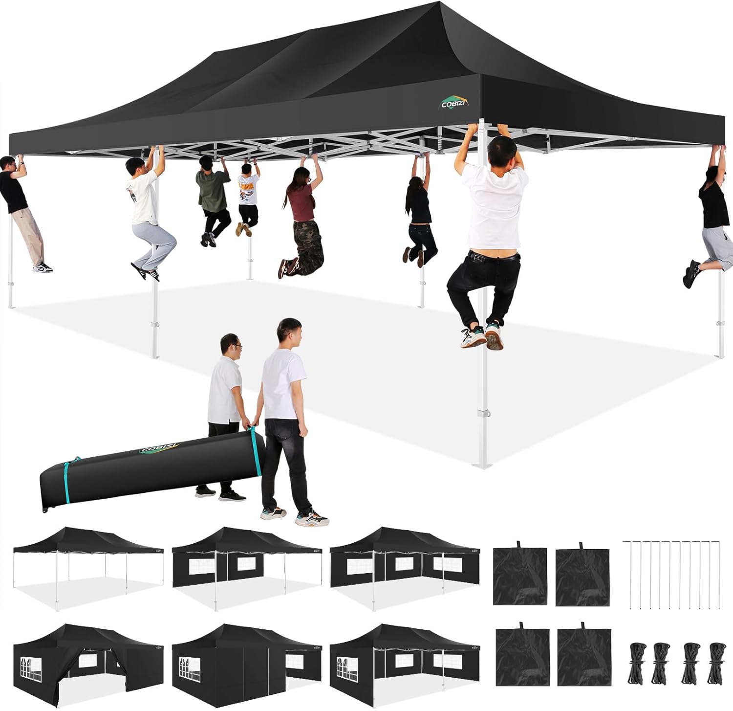 COBIZI 10x20 Heavy Duty Pop up Canopy Tent with 6 sidewalls Easy Up Commercial Outdoor Canopy Wedding Party Tents for Parties All Season Wind & Waterproof Gazebo with Roller Bag,Black(Frame Thickened) wourant