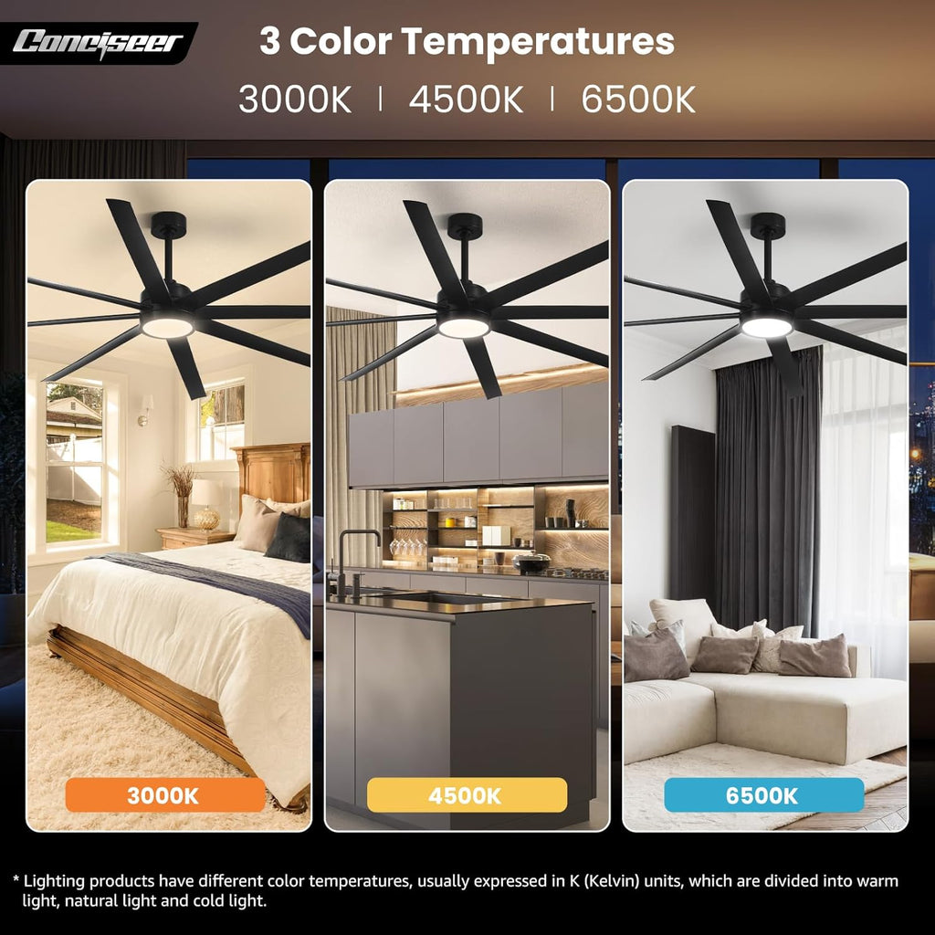 Modern Ceiling Fans with Lights, 72 Inch Ceiling Fan with Light and Remote, Bedroom Living Room Library Cafe Outdoor/Industrial,24W 3CCT Dimmable, 8 Blades 6 Speed Reversible Quiet DC Motor, Black wourant