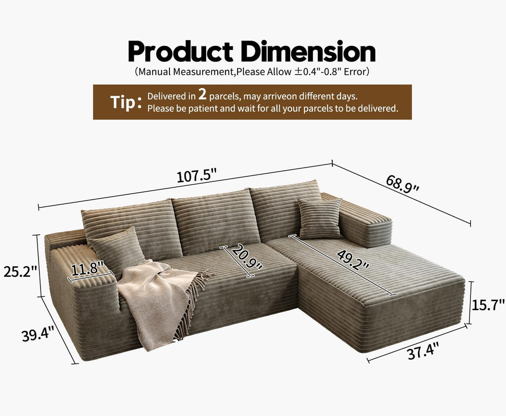 107.5 inch Cloud Modular Sectional Sofa with L-Shaped Chaise Lounge, Modern Minimalist Upholstered Sofa Deep Seating Corner Sofa wourant