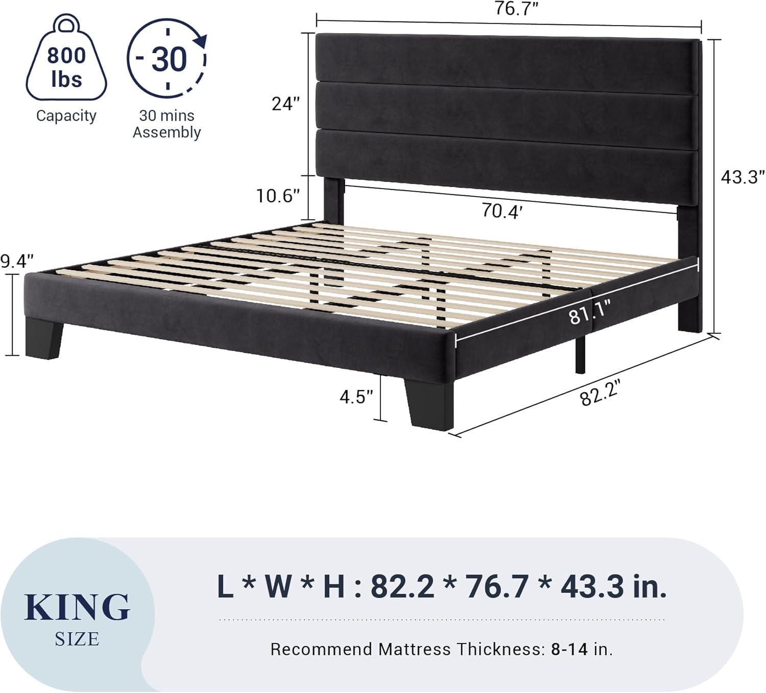Allewie Queen Size Platform Bed Frame Fabric Upholstered Headboard Wooden Slats Support wourant