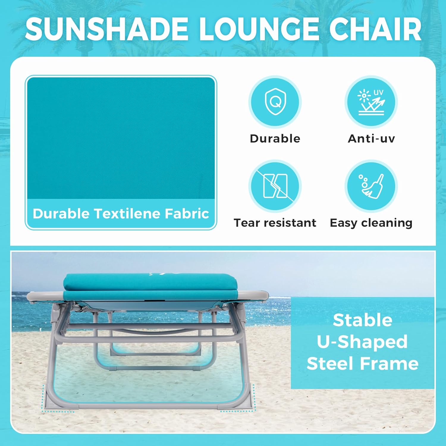 2 Pack Outdoor Chaise Lounge Chair - Portable Folding Patio Pool Lounge Chair, 5 Positions Adjustable Reclining Camping Chair with Side Table,Shoulder Strap, Pillow for Beach Sunbathing Lawn wourant