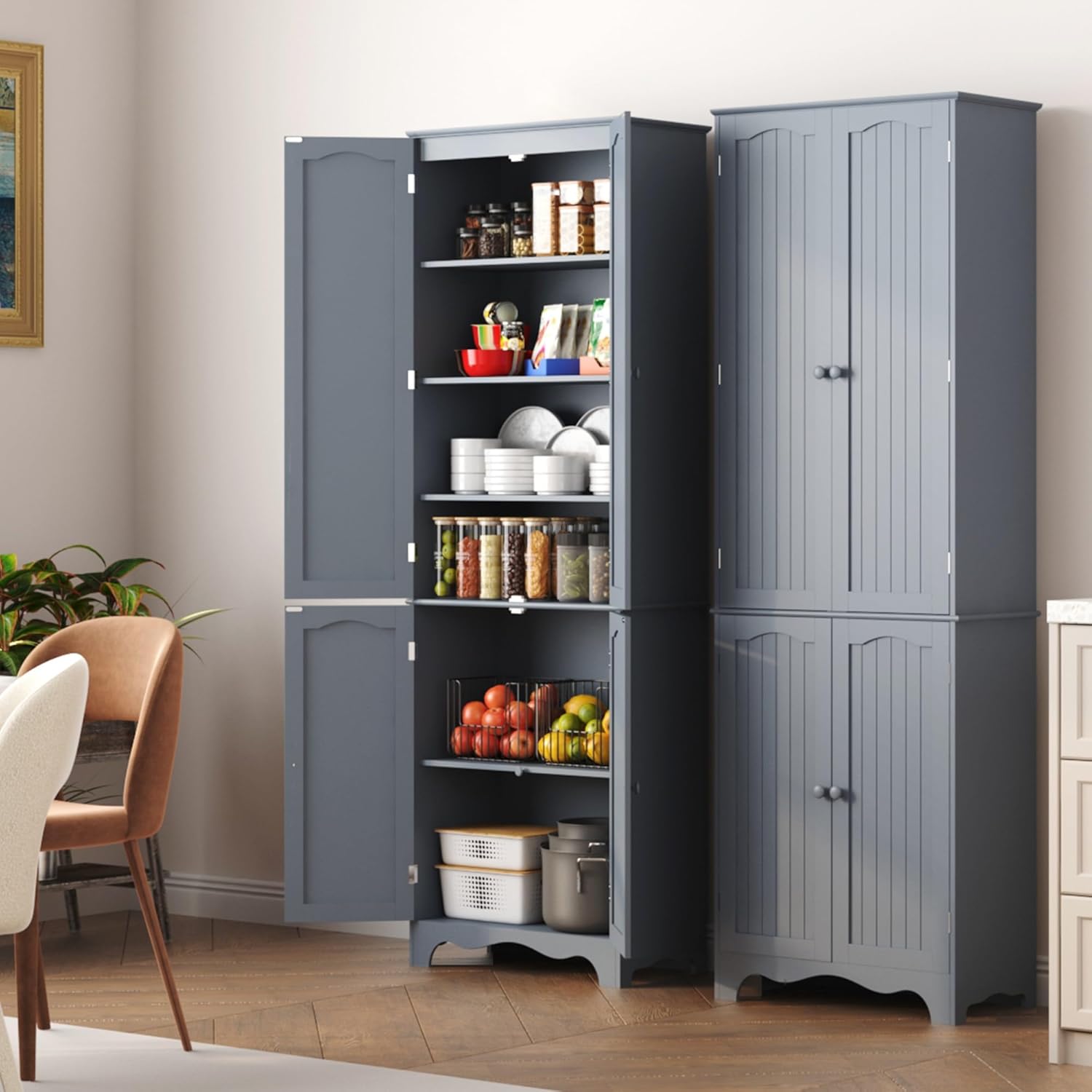 Tall Pantry Cabinet, Freestanding Storage Cabinet, Wooden Kitchen Pantry with 4 Doors and 5 Shelves, 72" Floor Cabinet Organizer wourant