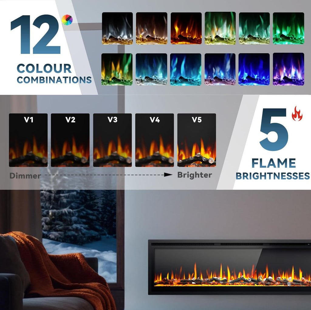 EUHOMY 50 Inch Electric Fireplace Wall Recessed and Wall Mounted with Adjustable Flame Color, Fireplace Heater with Remote Control, Linear Fireplace with Timer, Touch Screen, Log & Crystal, 750/1500W wourant