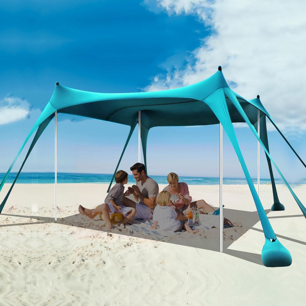 Beach Tent Sun Shelter, 10 x 10 FT Beach Canopy Tent Sun Shade Heavy Duty, UPF50+ Beach Tent Canopy with 8 Sandbags & 4 Stability Poles, Outdoor Beach Shade Canopy for Camping and Fishing, Blue wourant