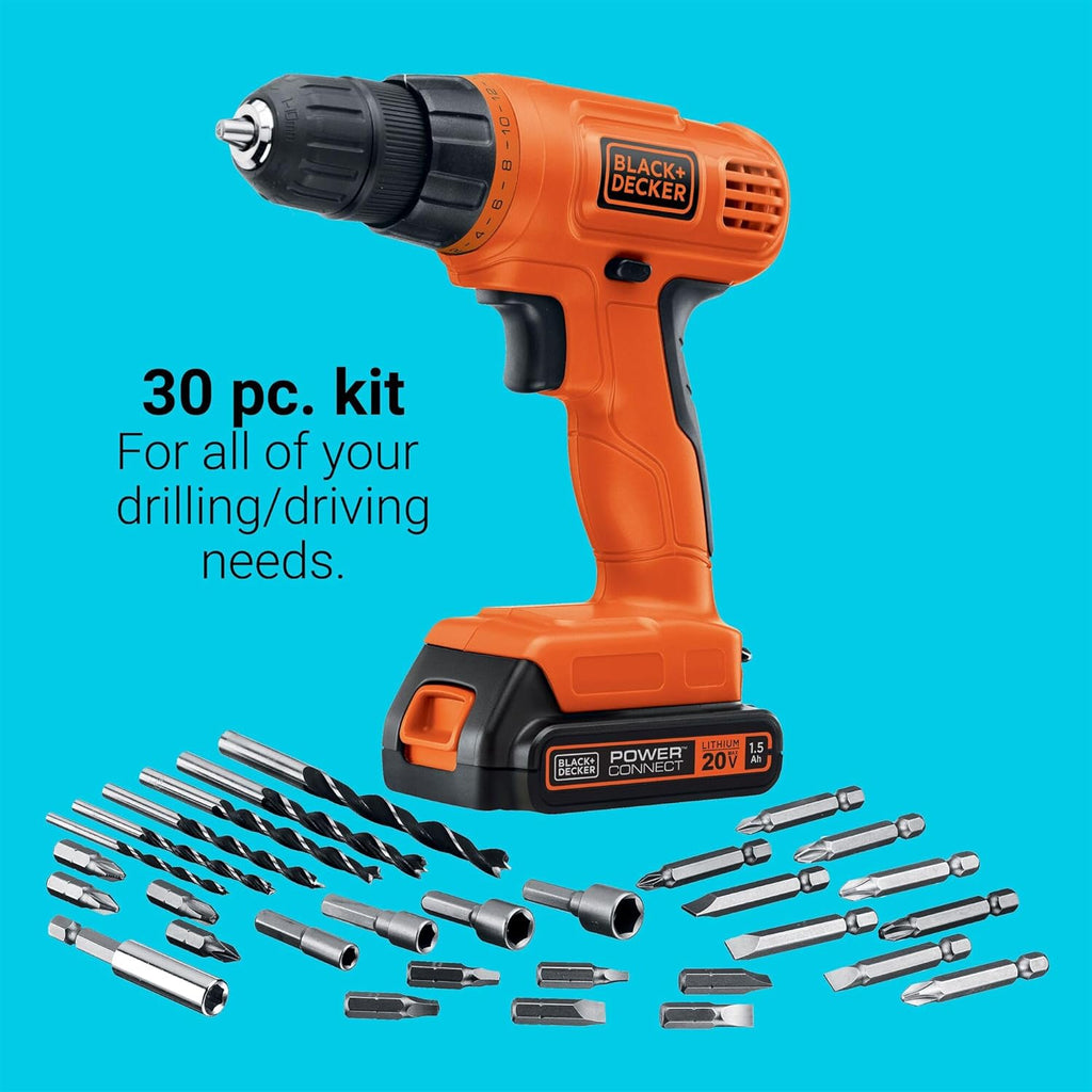 BLACK+DECKER 20V MAX POWERCONNECT Power Drill Cordless Drill Driver Electric Screwdriver with 30 Piece Bit Set and Drivers Kit, Battery and Charger Included (LD120VA) wourant