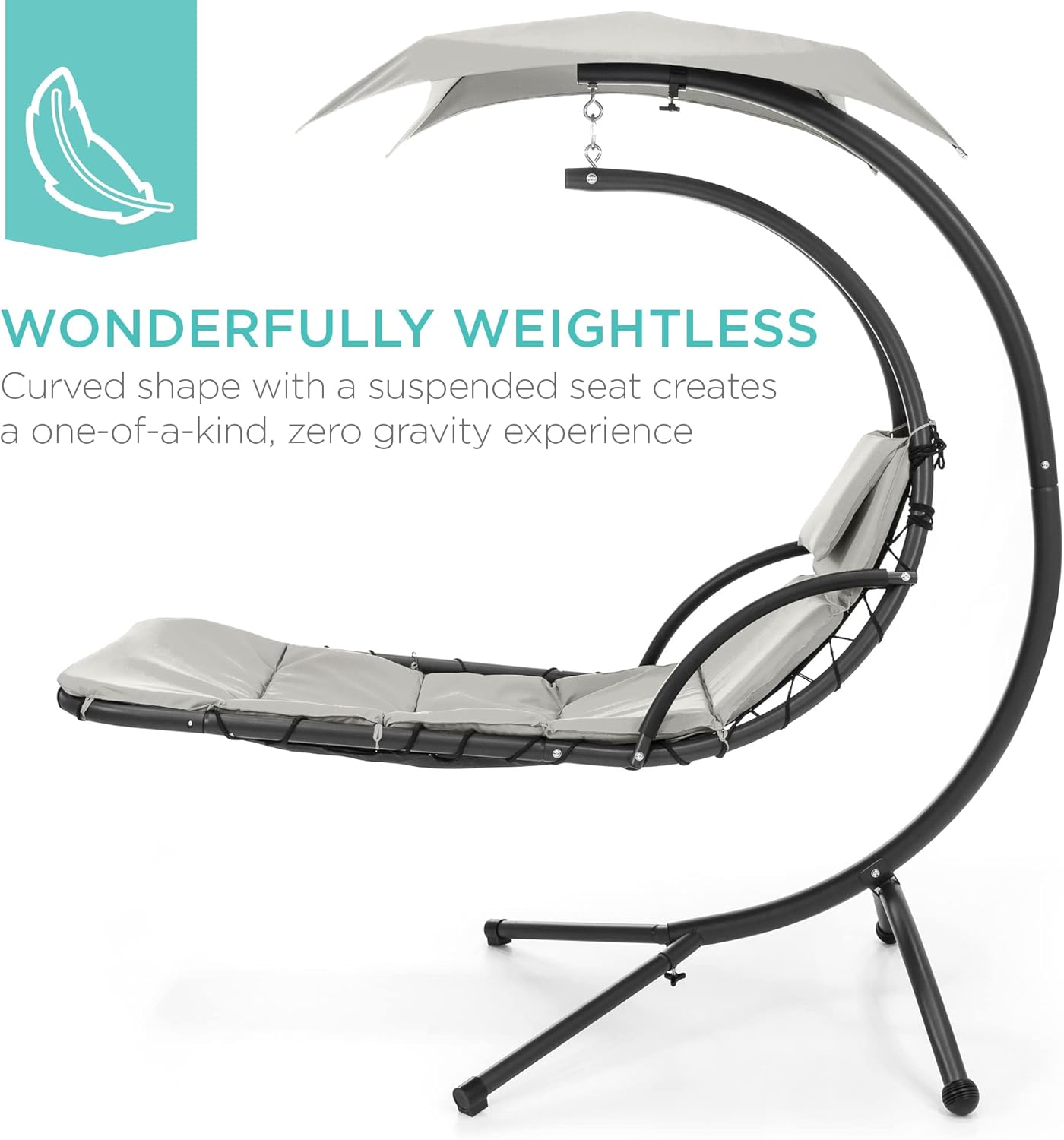 Best Choice Products Outdoor Hanging Curved Steel Chaise Lounge Chair Swing w/Built-in Pillow and Removable Canopy - Charcoal Gray wourant