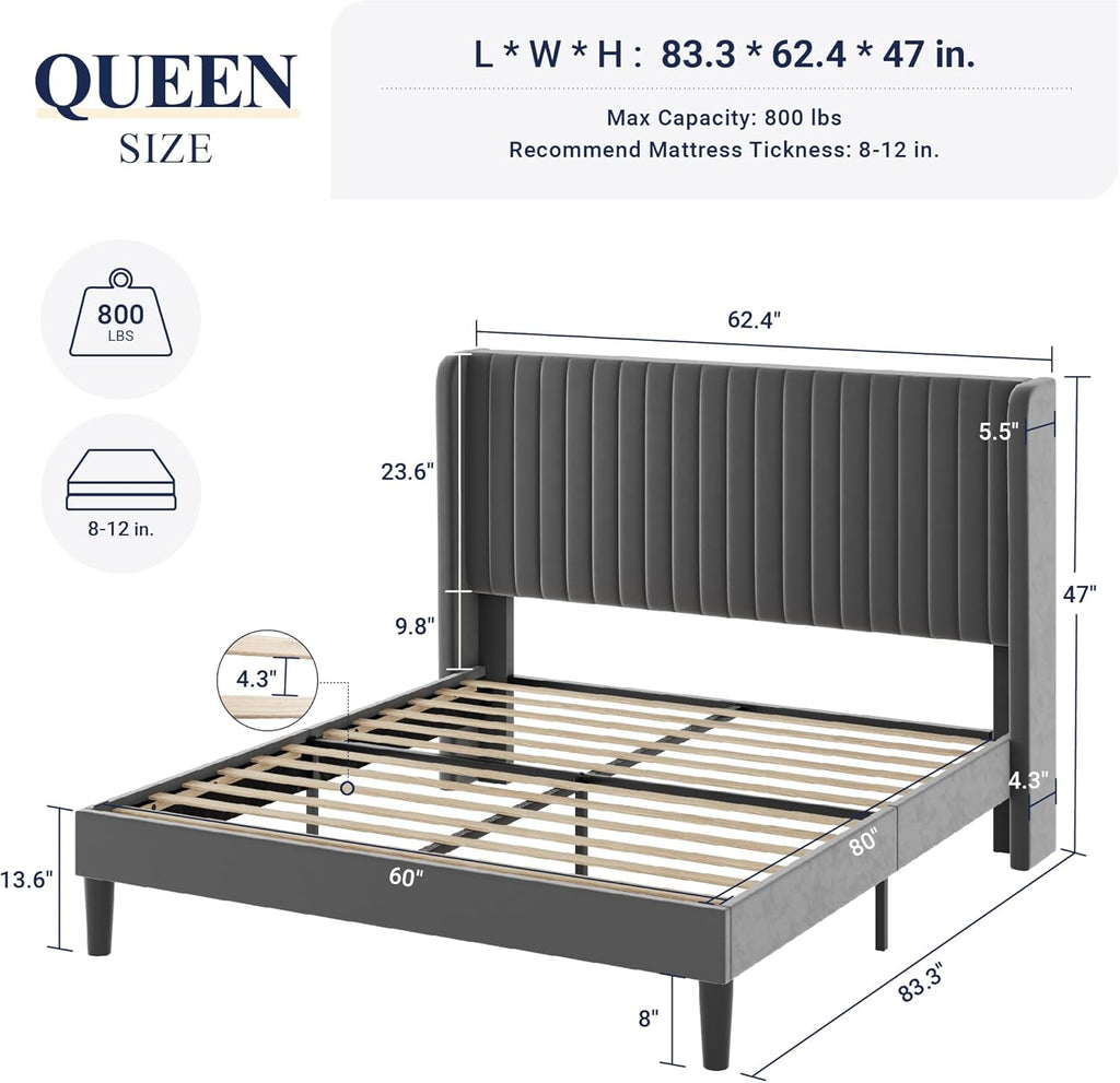 Allewie Full Size Velvet Bed Frame Vertical Channel Tufted Wingback Headboard Upholstered Bed wourant