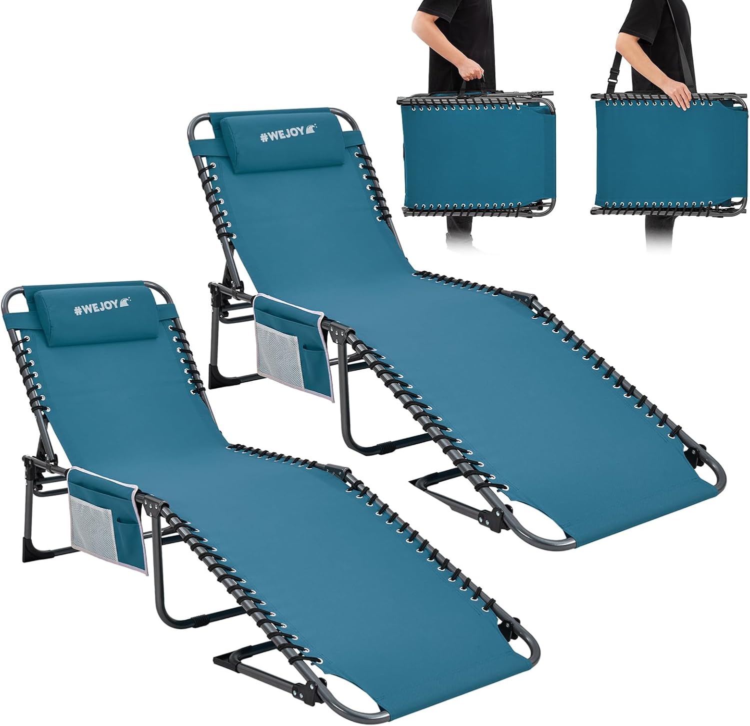 2 Pack Outdoor Chaise Lounge Chair - Portable Folding Patio Pool Lounge Chair, 5 Positions Adjustable Reclining Camping Chair with Side Table,Shoulder Strap, Pillow for Beach Sunbathing Lawn wourant