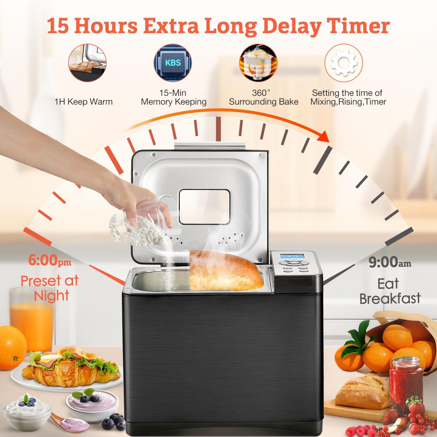 KBS 2LB Bread Maker, 19-in-1 Automatic Stainless Steel Bread Maker with Ceramic Pot, 650W Bread Maker, 3 Loaf Sizes wourant