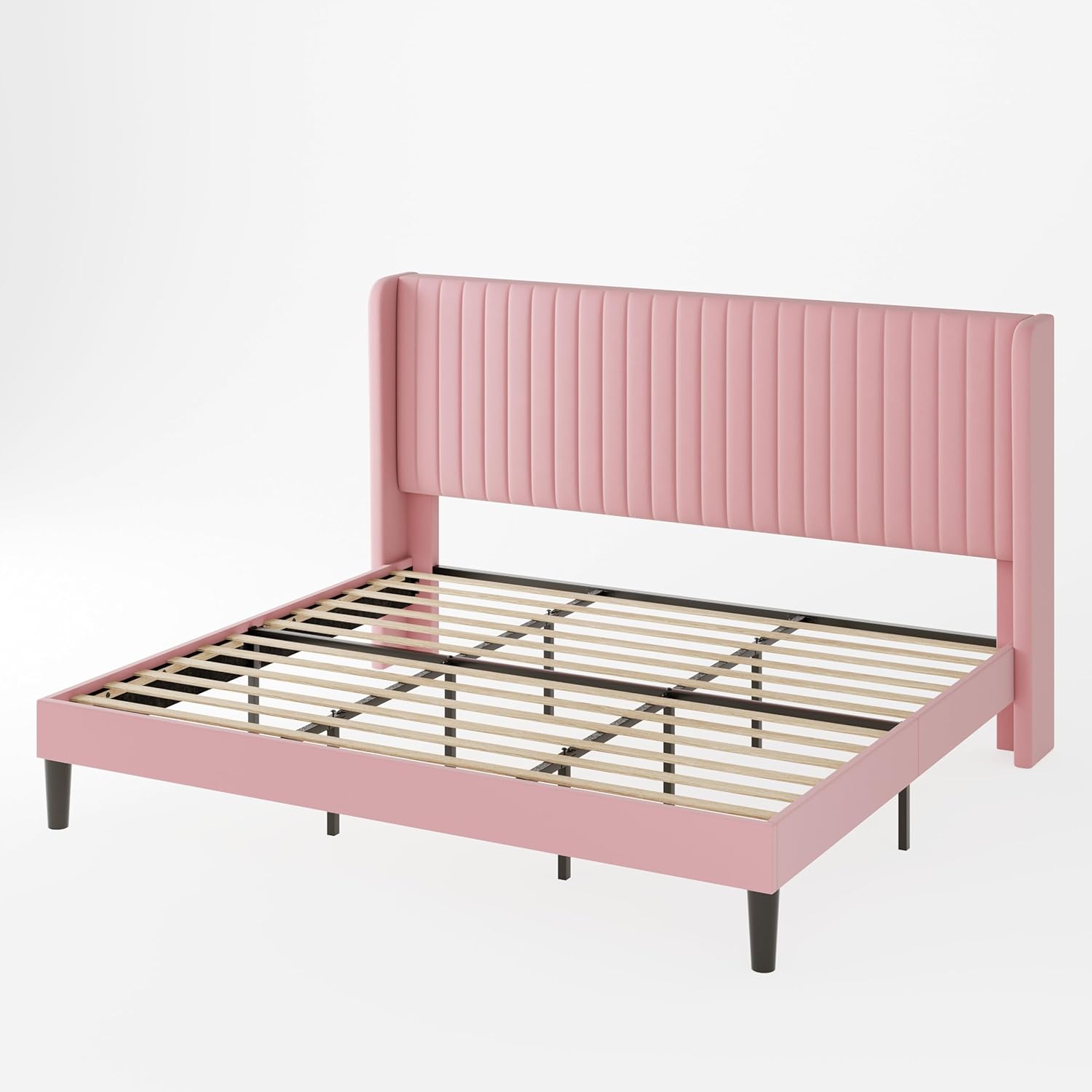 Allewie Full Size Velvet Bed Frame Vertical Channel Tufted Wingback Headboard Upholstered Bed wourant