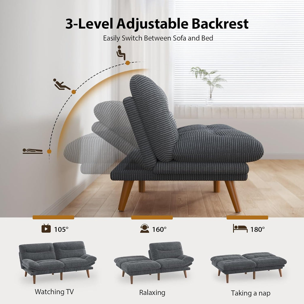 Convertible Futon Sofa Bed, 66 Inch Corduroy Futon Sofa Recliner Sofa Bed for Small Spaces, Playrooms or Offices wourant