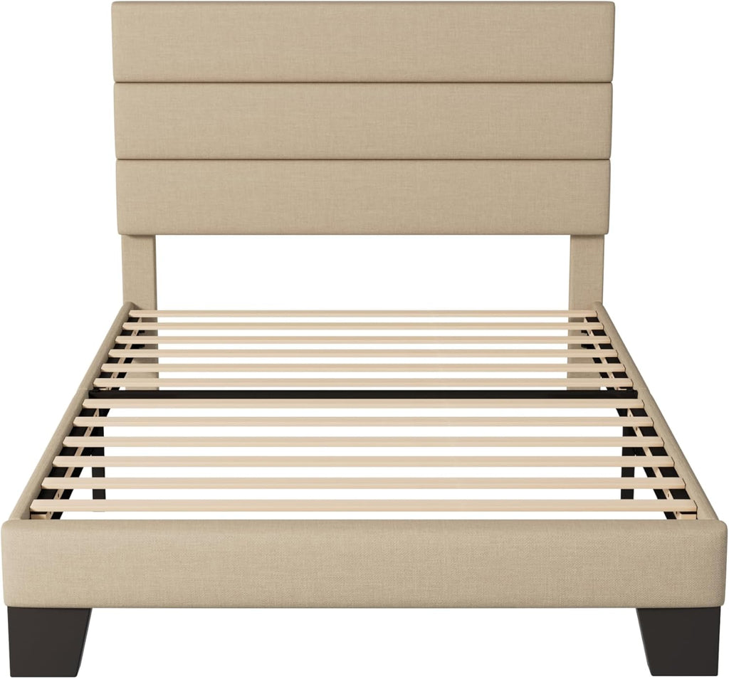 Allewie Queen Size Platform Bed Frame Fabric Upholstered Headboard Wooden Slats Support wourant