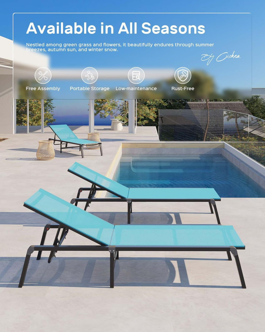 Aluminum Chaise Lounge Ourdoor - Foldable & Assemble Free Outdoor Lounge Chair with 5 Adjustable Backrest, Patio Lounge Chair for Outside Poolside Beach Pool, Black wourant