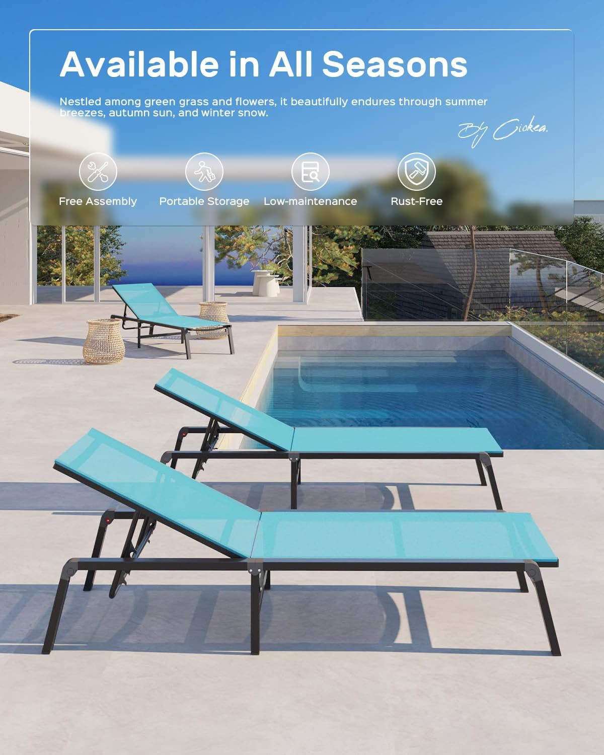 Aluminum Chaise Lounge Ourdoor - Foldable & Assemble Free Outdoor Lounge Chair with 5 Adjustable Backrest, Patio Lounge Chair for Outside Poolside Beach Pool, Black wourant