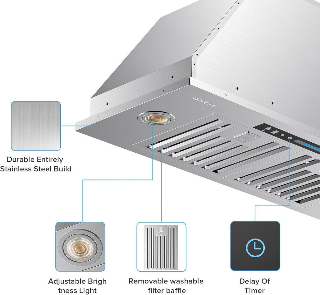 IKTCH 30" Built-in/Plug-in Range Hood 900 CFM, Ducted/Ductless Convertible Ducted, Stainless Steel Kitchen Range Hood wourant