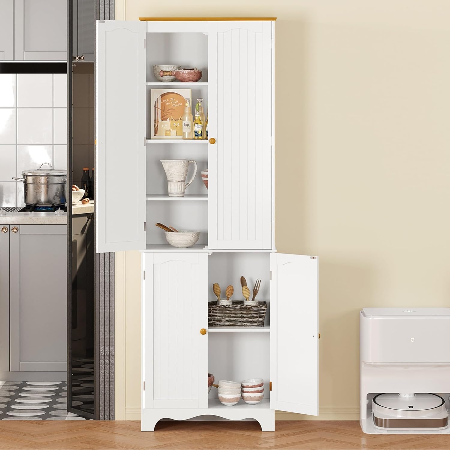 Tall Pantry Cabinet, Freestanding Storage Cabinet, Wooden Kitchen Pantry with 4 Doors and 5 Shelves, 72" Floor Cabinet Organizer wourant