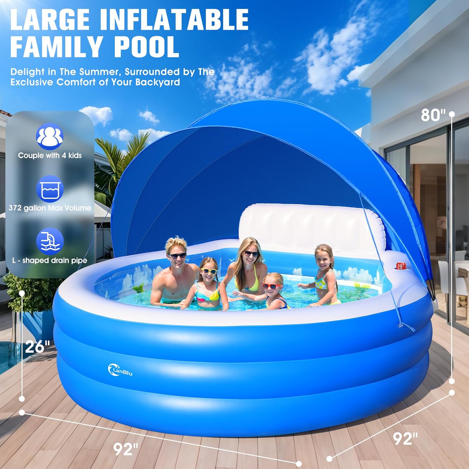 2025 Upgraded Inflatable Pool with Canopy, Inflatable Family Lounge Pool, Round Blow Up Pool for Adult with Bench & Backrest, Swim Center Easy Backyard Pools for Kids & Adults, 92"x92"x26", Blue wourant