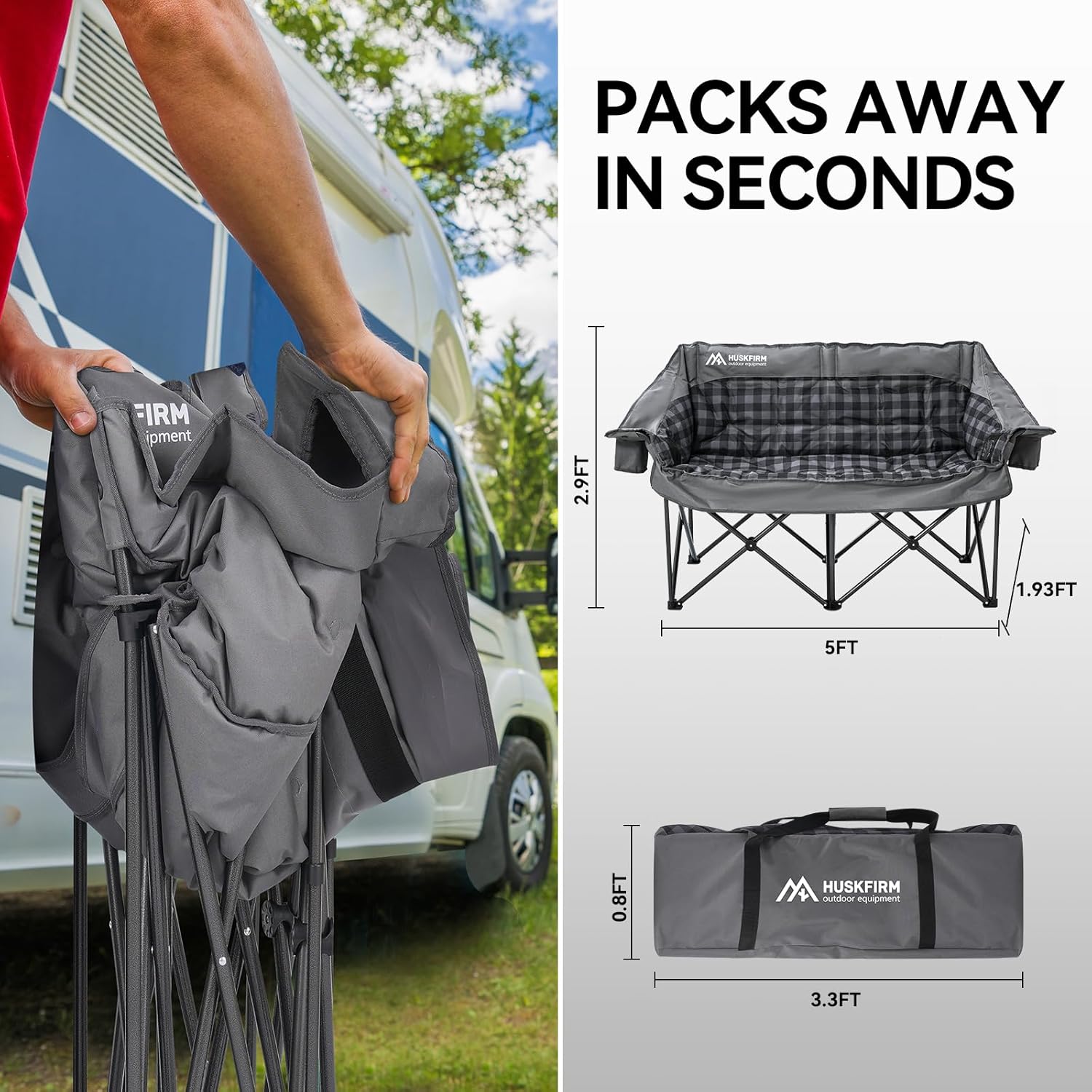 Double Camping Chairs Padded Loveseat Chair for 2 Person - Heavy Duty Oversized Camping Couch for Adults Outdoor Lawn Beach - Portable Folding Sofa with Cup Holders and Carry Bag, Grey wourant