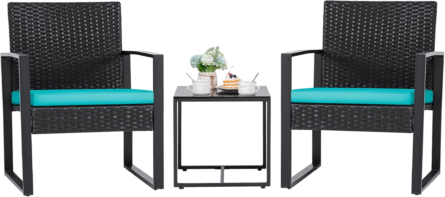 Flamaker 3 Pieces Patio Set Outdoor Wicker Furniture Sets Modern Rattan Chair Conversation Sets with Coffee Table for Yard and Bistro (Black) wourant