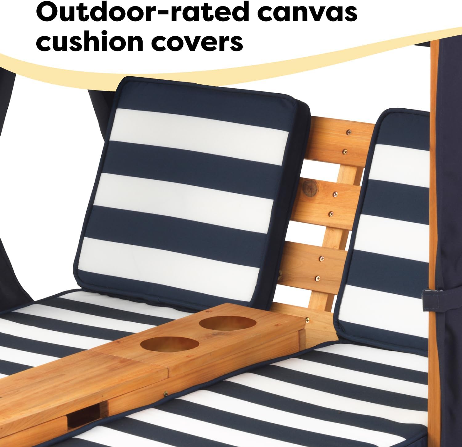 KidKraft Wooden Outdoor Double Chaise Lounge with Cup Holders, Kid's Patio Furniture, Honey with Navy and White Striped Fabric, Gift for Ages 3-8 wourant