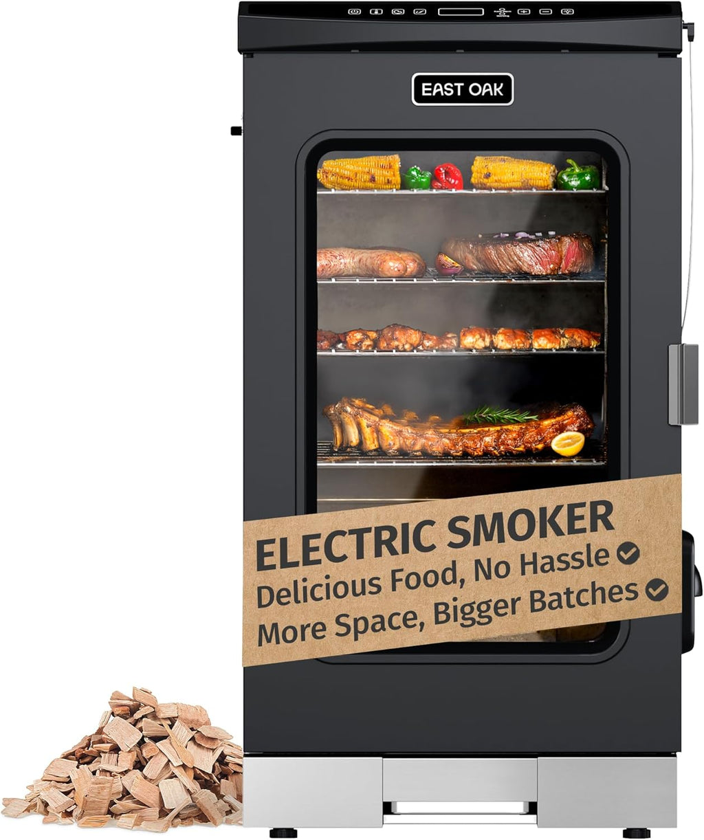 EAST OAK 30" Outdoor Electric Smoker | Built-in meat probe, smokes up to 6 times longer in a single load, side loader for uninterrupted smoking wourant