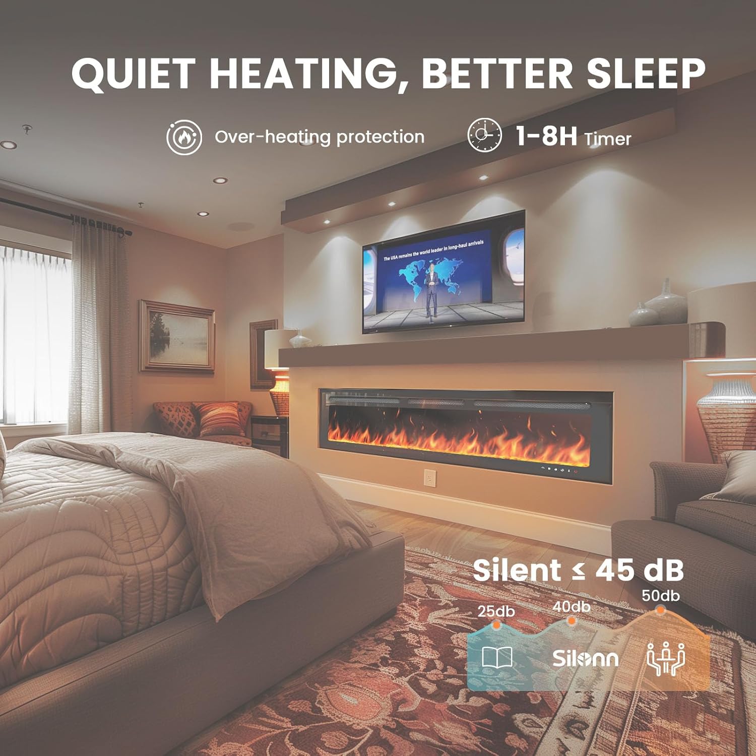 50" Smart Electric Fireplace 5300 BTU Heat Output, Ultra-Slim Wall-Mount or Built-In Electric Fireplace wourant
