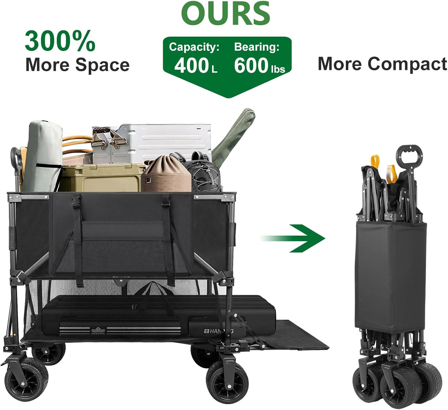 Double Decker Wagon 600lb Capacity & 400L Collapsible Sports Wagon with Big Wheels 54" Extended Utility Folding Cart wourant