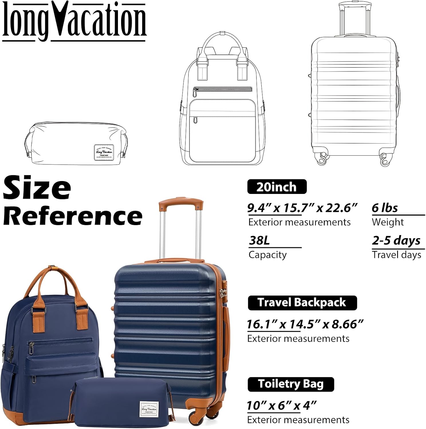 LONG VACATION 6 Piece Luggage Set Carry on Suitcase with ABS+PC hardshell, Spinner Wheels & YKK Zipper TSA Lock wourant