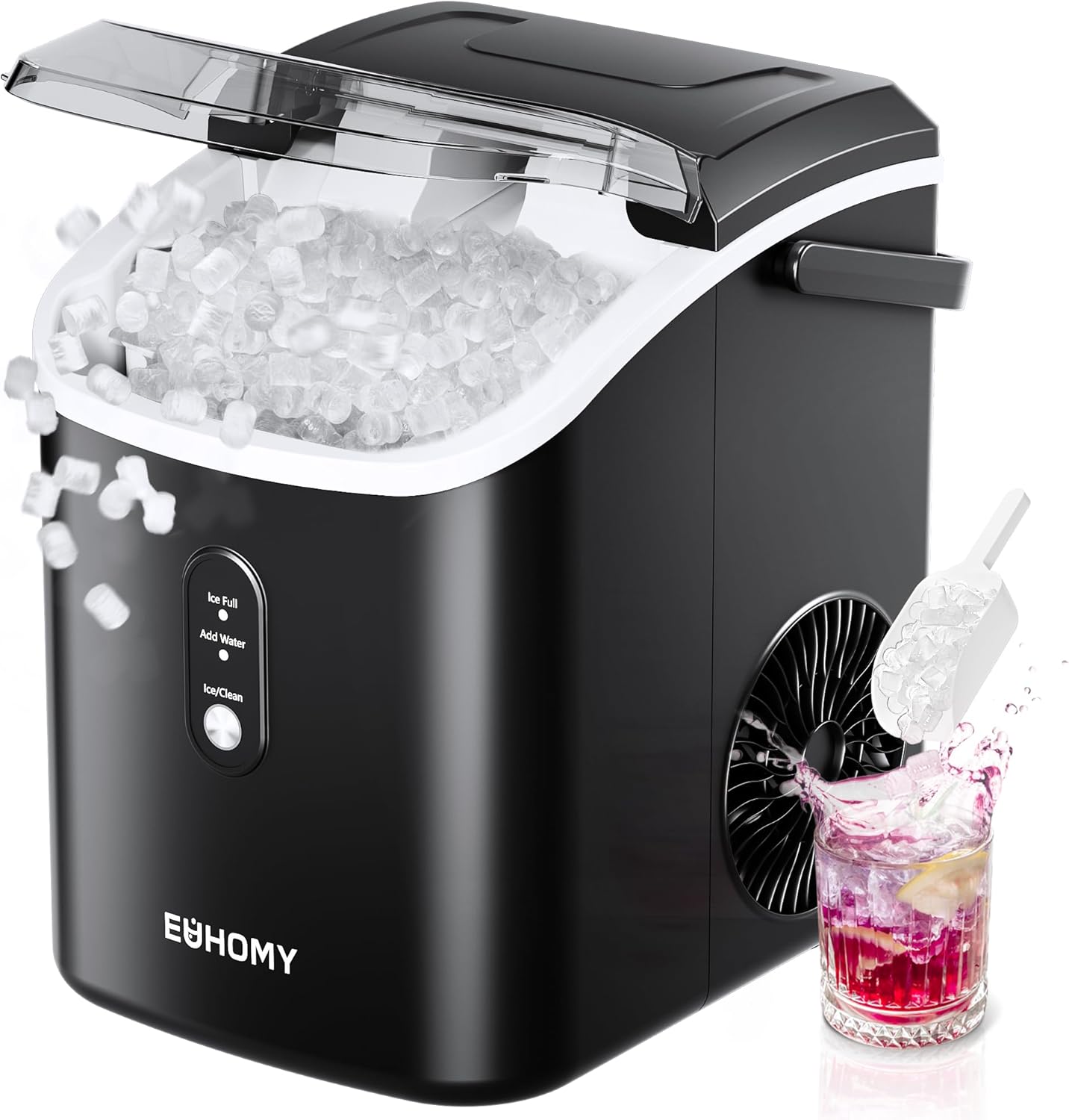 EUHOMY Nugget Ice Maker Countertop with Handle, Ready in 6 Mins, 34lbs Per Day, Removable Top Cover, Auto-Cleaning, Portable Sonic Ice Maker with Basket and Scoop, for Home/Party/RV/Camping (Black) wourant