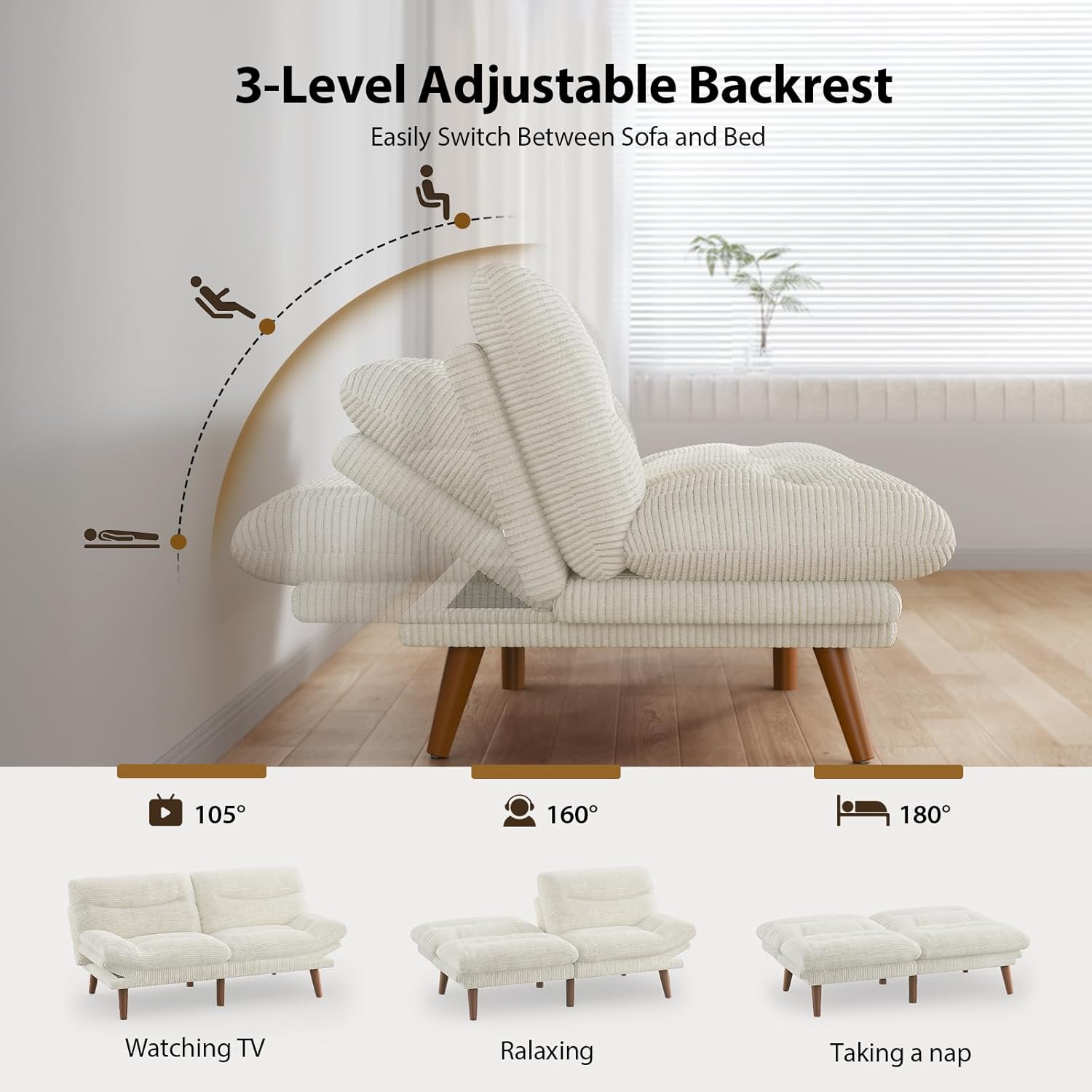 Convertible Futon Sofa Bed, 66 Inch Corduroy Futon Sofa Recliner Sofa Bed for Small Spaces, Playrooms or Offices wourant