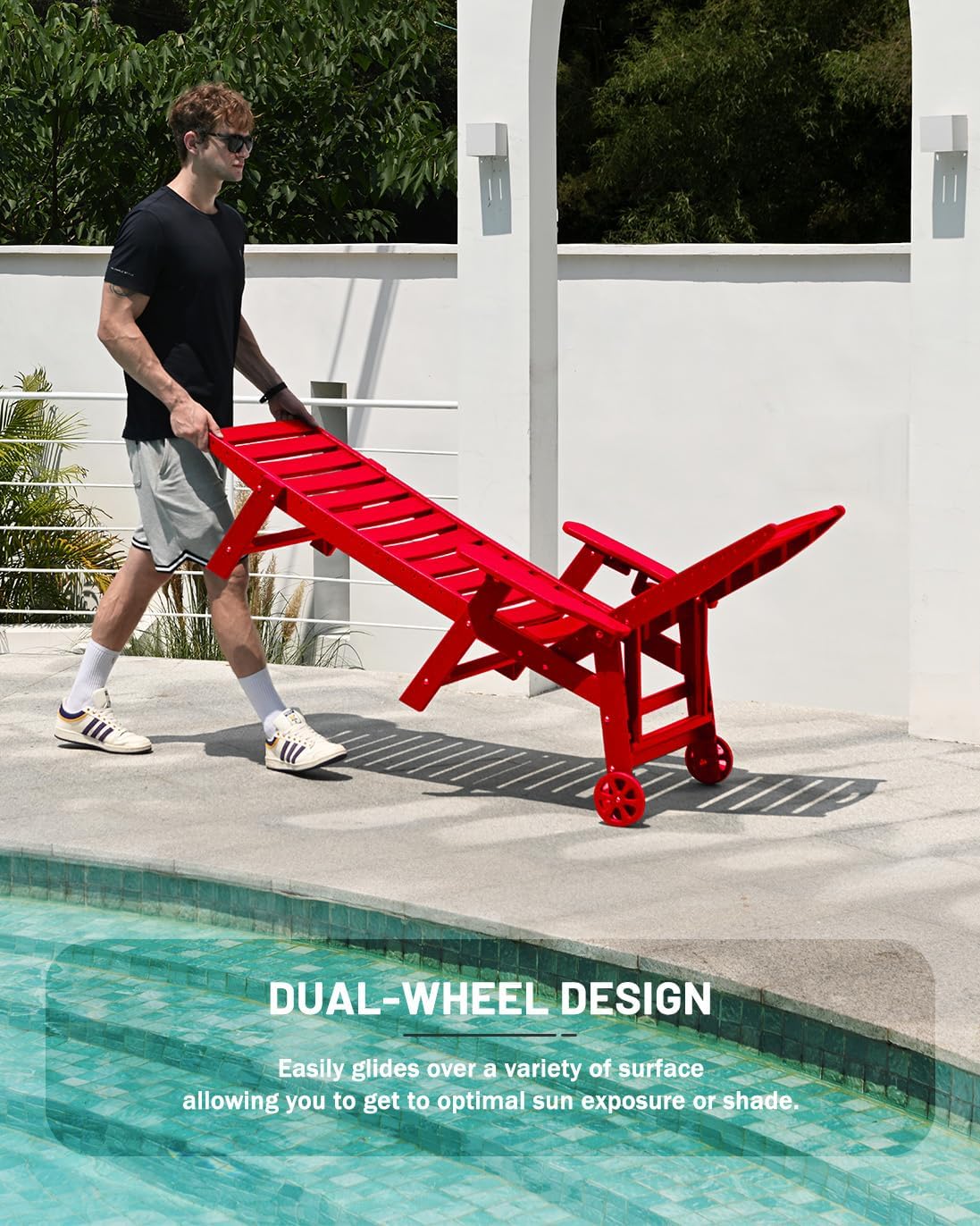 Lounge Chair Outdoor, Chaise Lounge, HDPE 6-Position Outdoor Chaise Lounge, Patio Lounge Chair with Wheels & Cup Holder for Pool Poolside Deck Backyard, Teak wourant