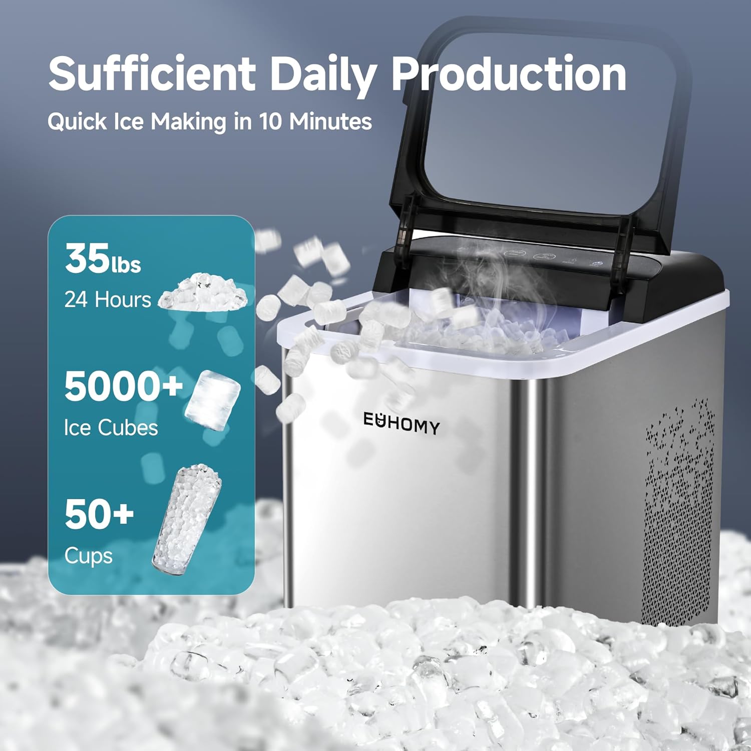 EUHOMY Nugget Ice Maker Countertop, Ready in 8 Mins, 35lbs/24H, Self-Cleaning, Portable Ice Makers Machine with Ice Scoop & Basket, Sonic Ice Maker with Chewable Pellet Ice for Home/Party/RV/Camping wourant