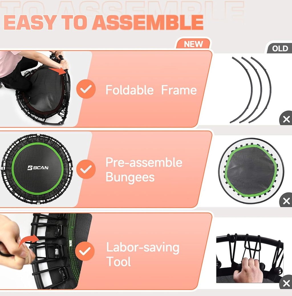BCAN 450/550 LBS Foldable Mini Trampoline, 40"/48" Fitness Trampoline with Bungees, U Shape Adjustable Foam Handle, Stable & Quiet Exercise Rebounder for Adults Indoor/Outdoor Workout wourant