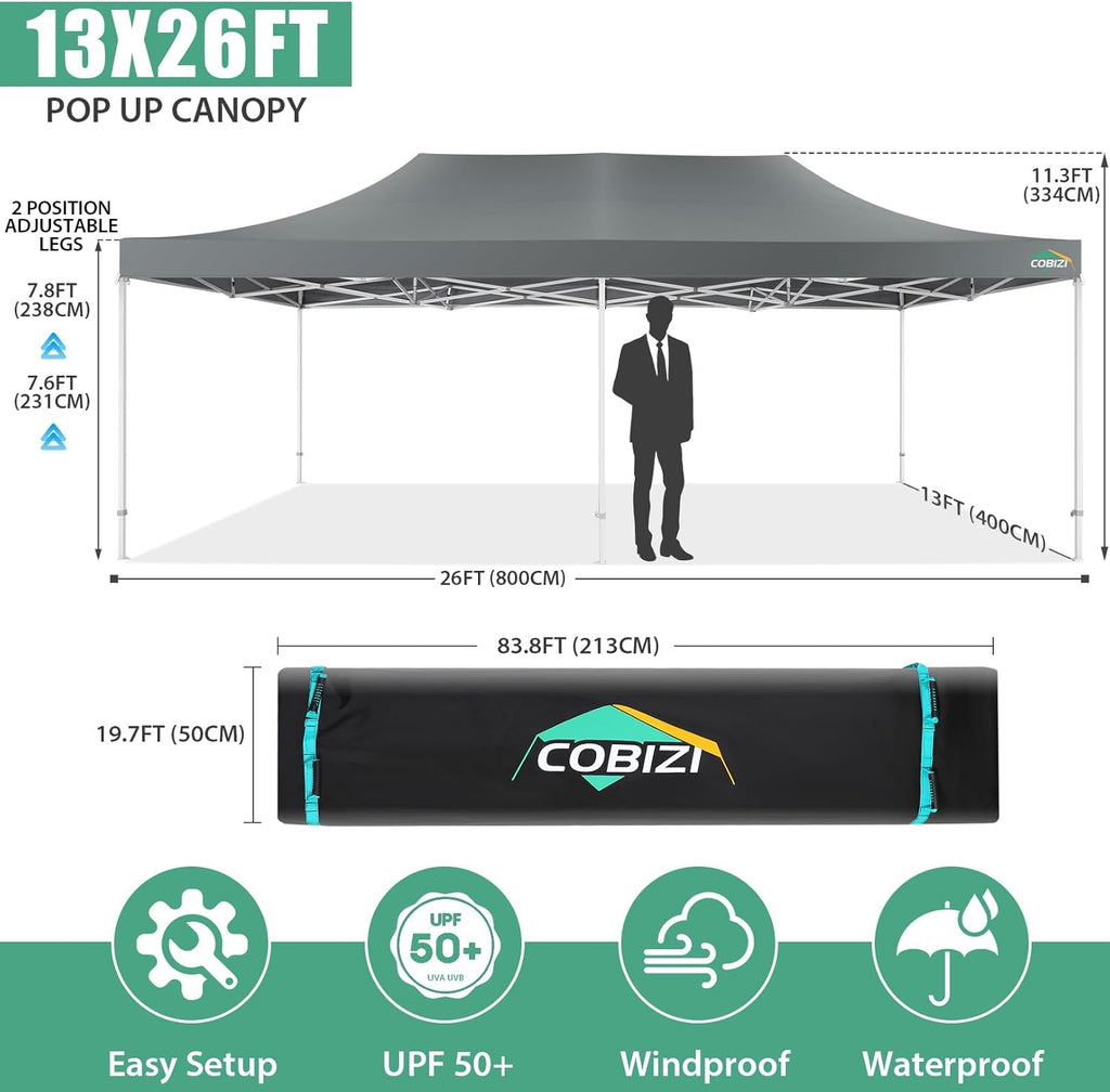 COBIZI 10x20 Heavy Duty Pop up Canopy Tent with 6 sidewalls Easy Up Commercial Outdoor Canopy Wedding Party Tents for Parties All Season Wind & Waterproof Gazebo with Roller Bag,Black(Frame Thickened) wourant