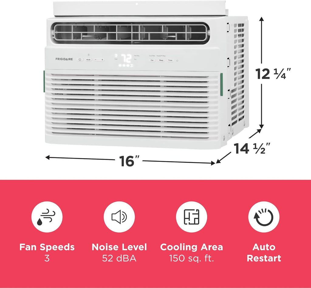 Frigidaire 5,000 BTU Window Air Conditioner with Remote Control, Cools Up to 150 Sq. Ft., Quiet Operation, Eco Mode, 3 Fan Speeds, Auto Restart, White wourant
