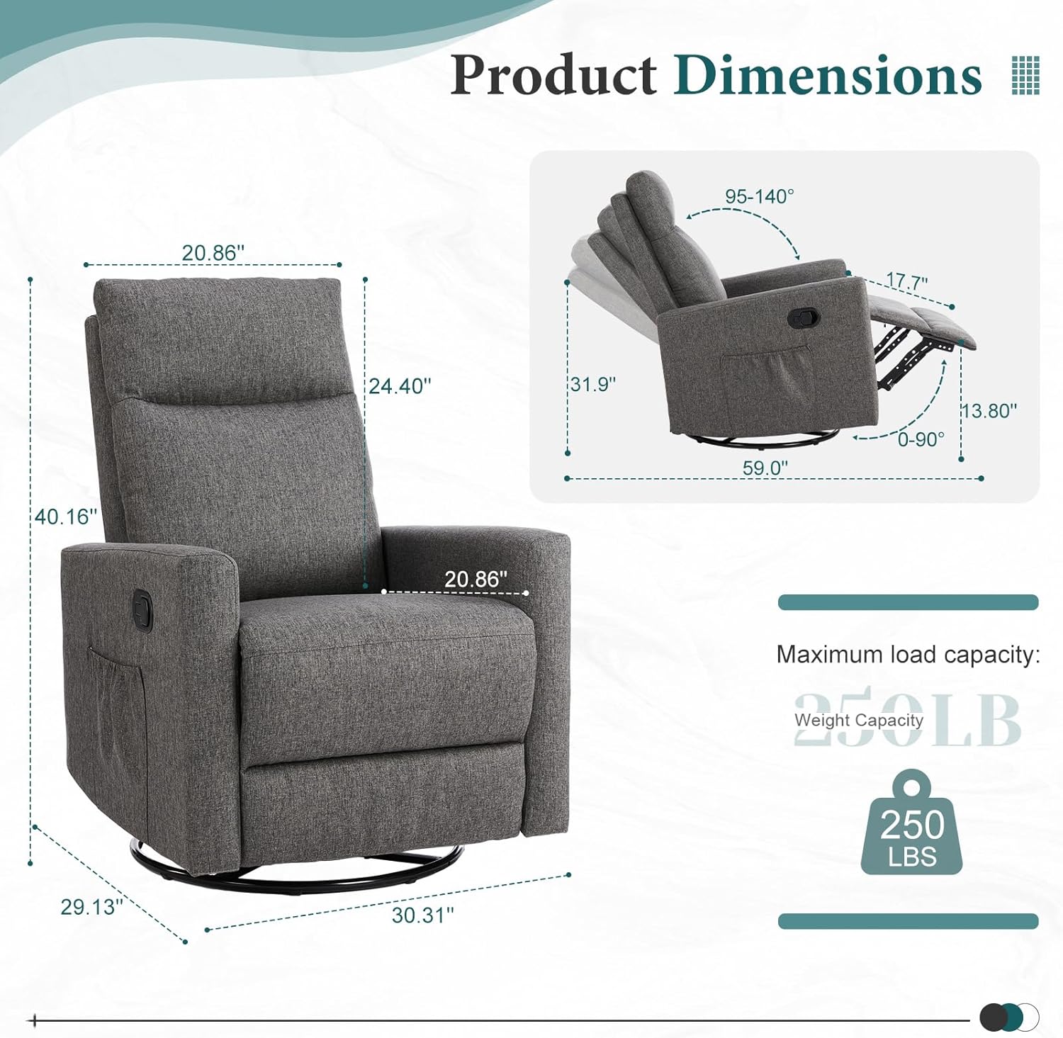 DUMOS Recliner Chair for Adults, Massage Reclining Chair for Living Room, Adjustable Home Theater Seating Single Sofa with Padded Seat Backrest and Footrest, Linen, Grey wourant