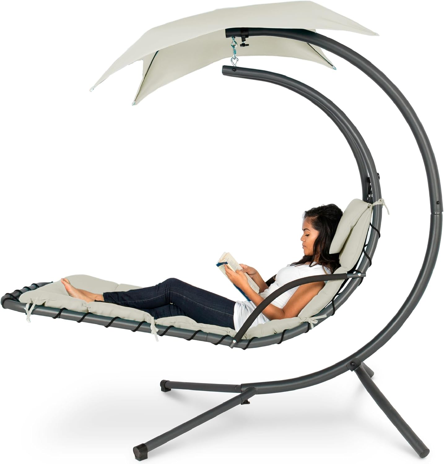 Best Choice Products Outdoor Hanging Curved Steel Chaise Lounge Chair Swing w/Built-in Pillow and Removable Canopy - Charcoal Gray wourant