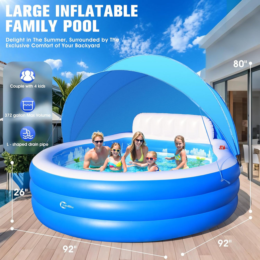 2025 Upgraded Inflatable Pool with Canopy, Inflatable Family Lounge Pool, Round Blow Up Pool for Adult with Bench & Backrest, Swim Center Easy Backyard Pools for Kids & Adults, 92"x92"x26", Blue wourant