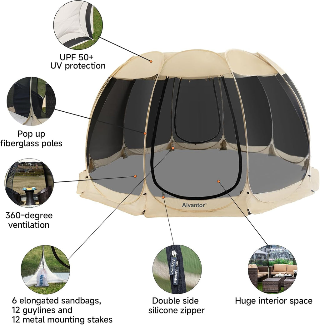 Alvantor Screen House Gazebo, 6-10-15 Person Pop Up Igloo Screened Canopy Tent with Mosquito Netting Sides, Instant UV Resistant Sun Shelter for Garden, Patio, Backyard wourant