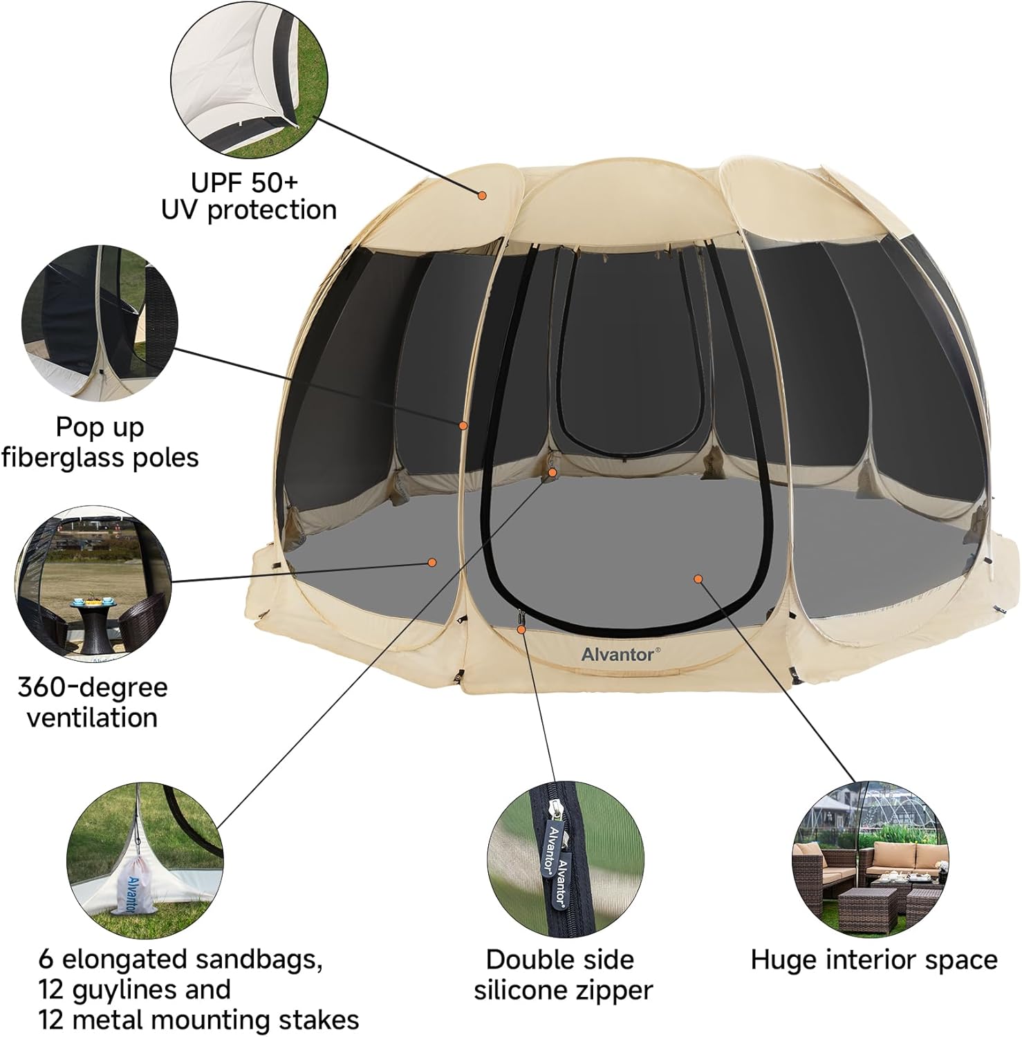 Alvantor Screen House Gazebo, 6-10-15 Person Pop Up Igloo Screened Canopy Tent with Mosquito Netting Sides, Instant UV Resistant Sun Shelter for Garden, Patio, Backyard wourant