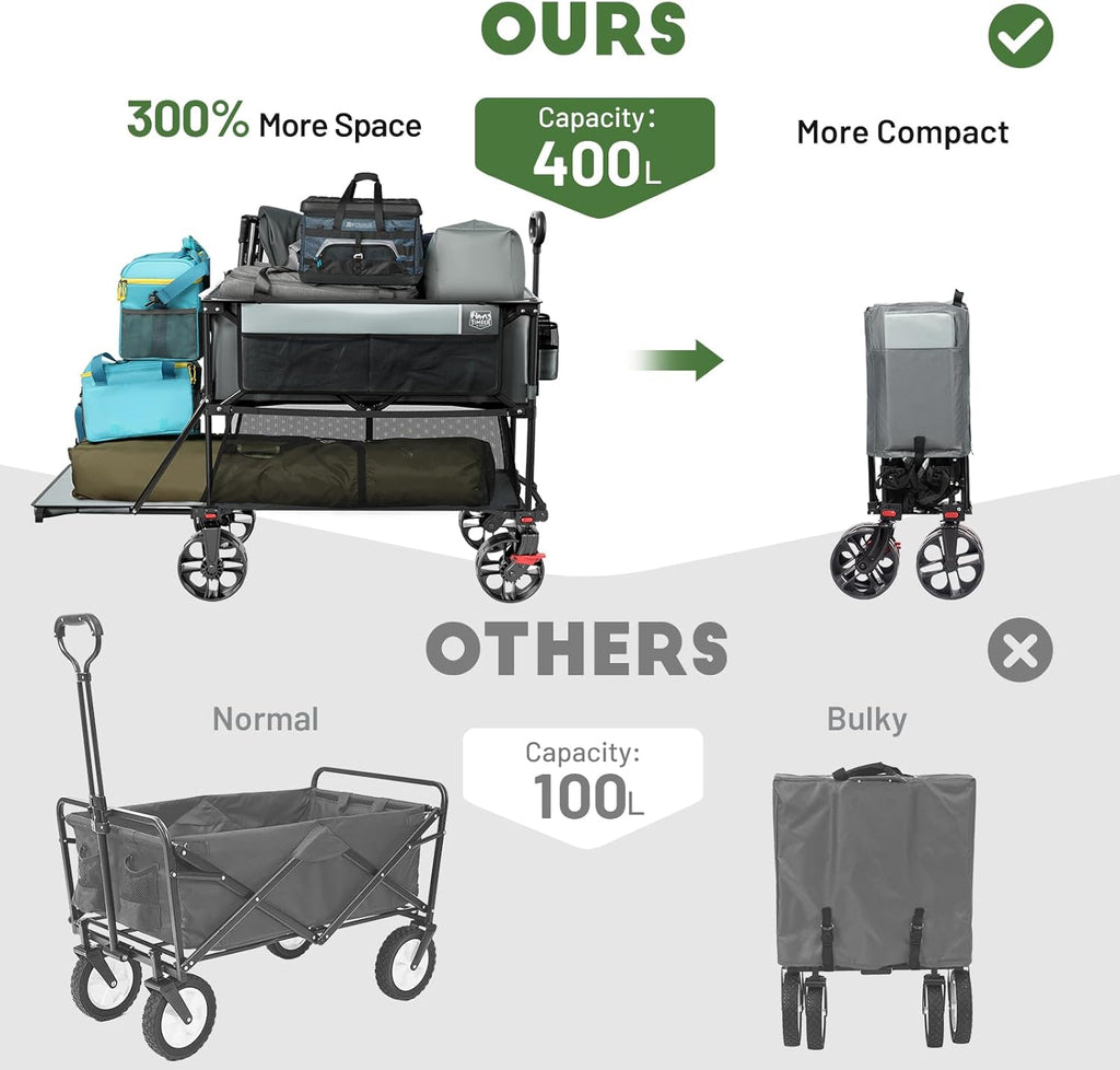 400L Large Capacity Folding Double Decker Cart with Brakes, 54 Inch Extra Long Extended Cart, 450 Pounds Heavy Duty Folding Cart wourant