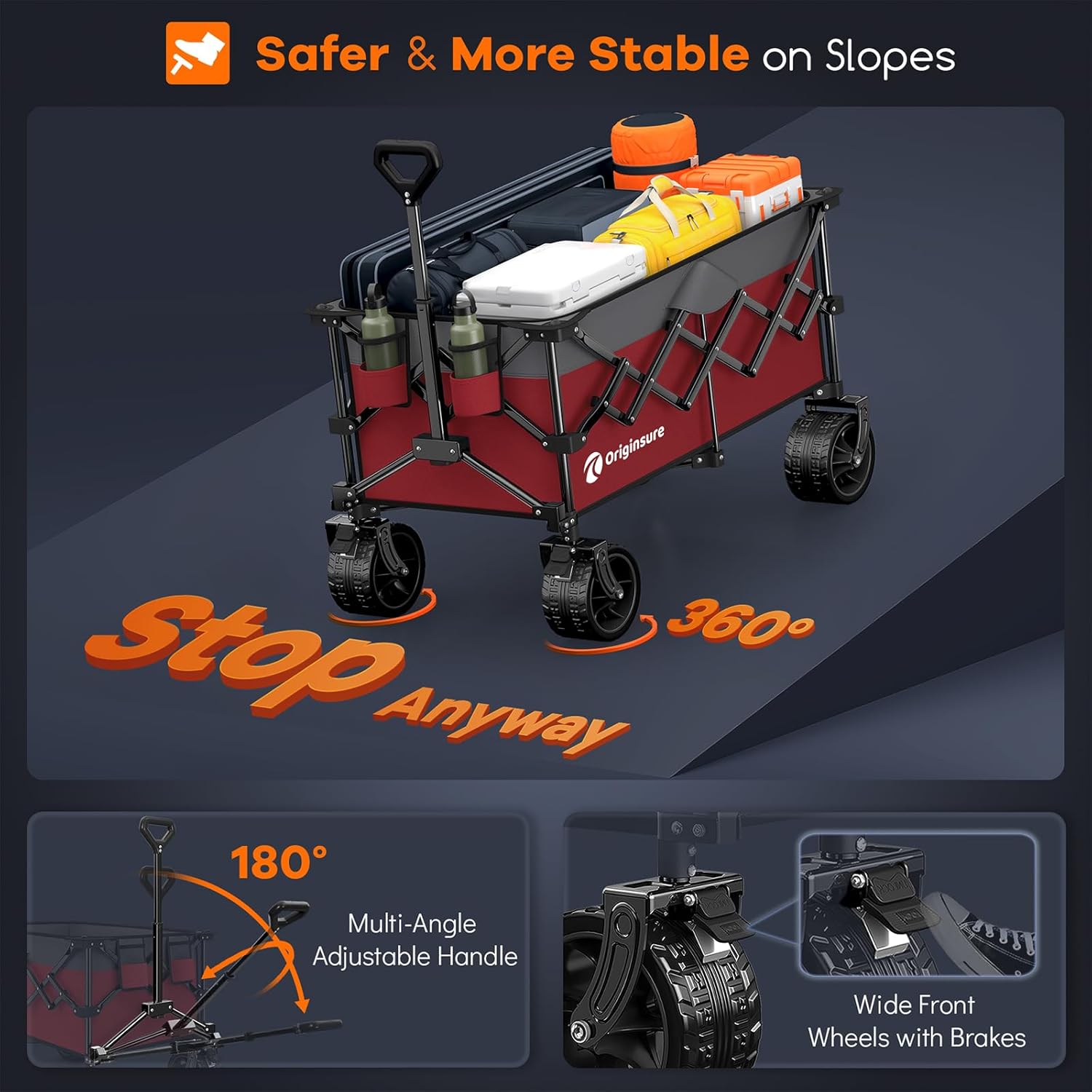 38" long foldable four-wheel stroller, foldable, 460 lb capacity, 220 liter heavy-duty folding beach stroller with large all-terrain tires wourant
