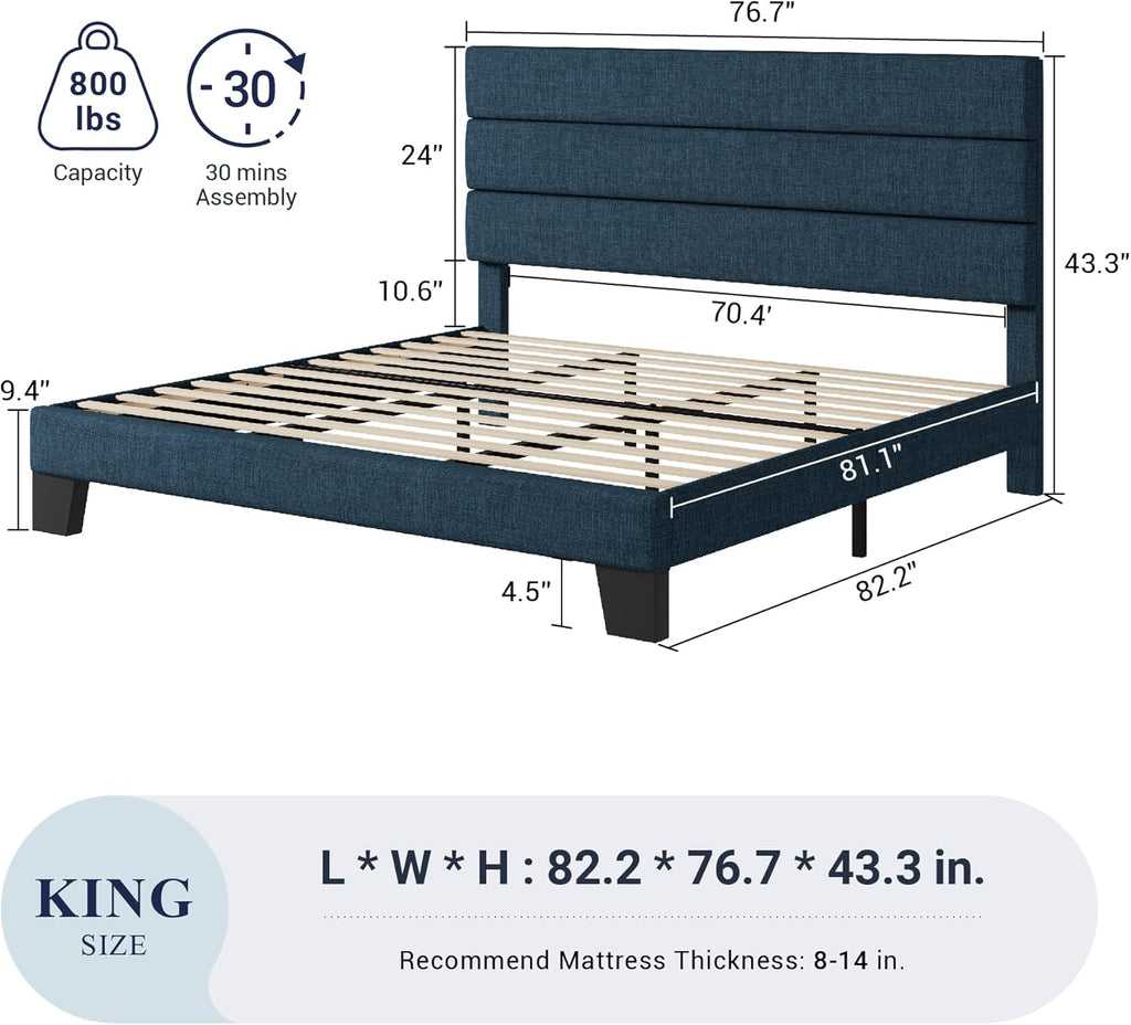Allewie Queen Size Platform Bed Frame Fabric Upholstered Headboard Wooden Slats Support wourant