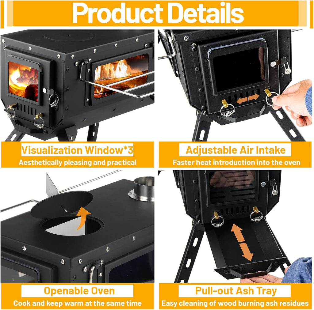 Hot Tent Stove Wood Stove, Small Wood Stove for Outdoor Heating and Cooking, Ice Fishing, Hunting wourant