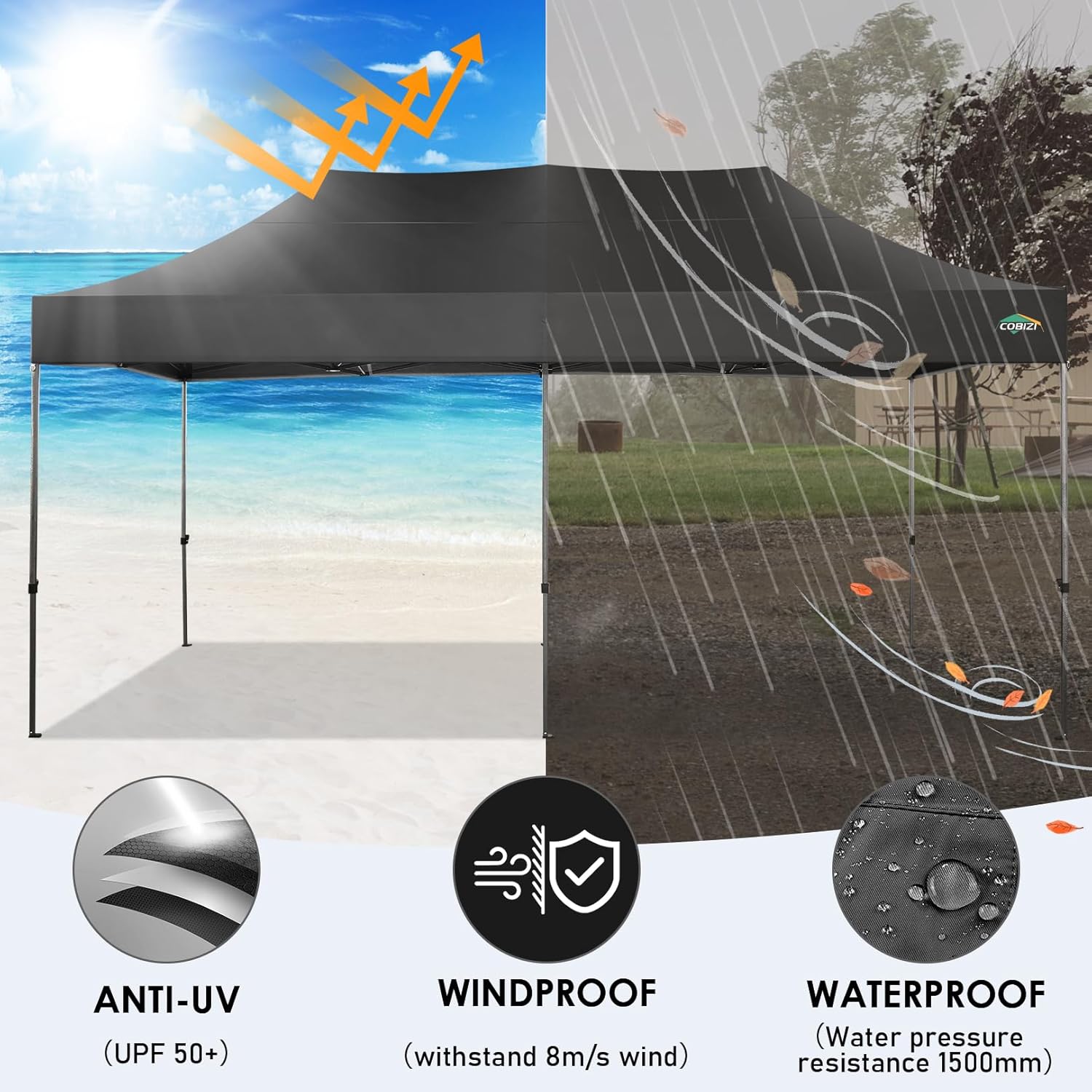 COBIZI 10x20 Heavy Duty Pop up Canopy Tent with 6 sidewalls Easy Up Commercial Outdoor Canopy Wedding Party Tents for Parties All Season Wind & Waterproof Gazebo with Roller Bag,Black(Frame Thickened) wourant
