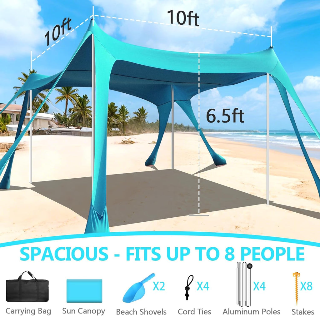 Beach Tent Sun Shelter, 10 x 10 FT Beach Canopy Tent Sun Shade Heavy Duty, UPF50+ Beach Tent Canopy with 8 Sandbags & 4 Stability Poles, Outdoor Beach Shade Canopy for Camping and Fishing, Blue wourant