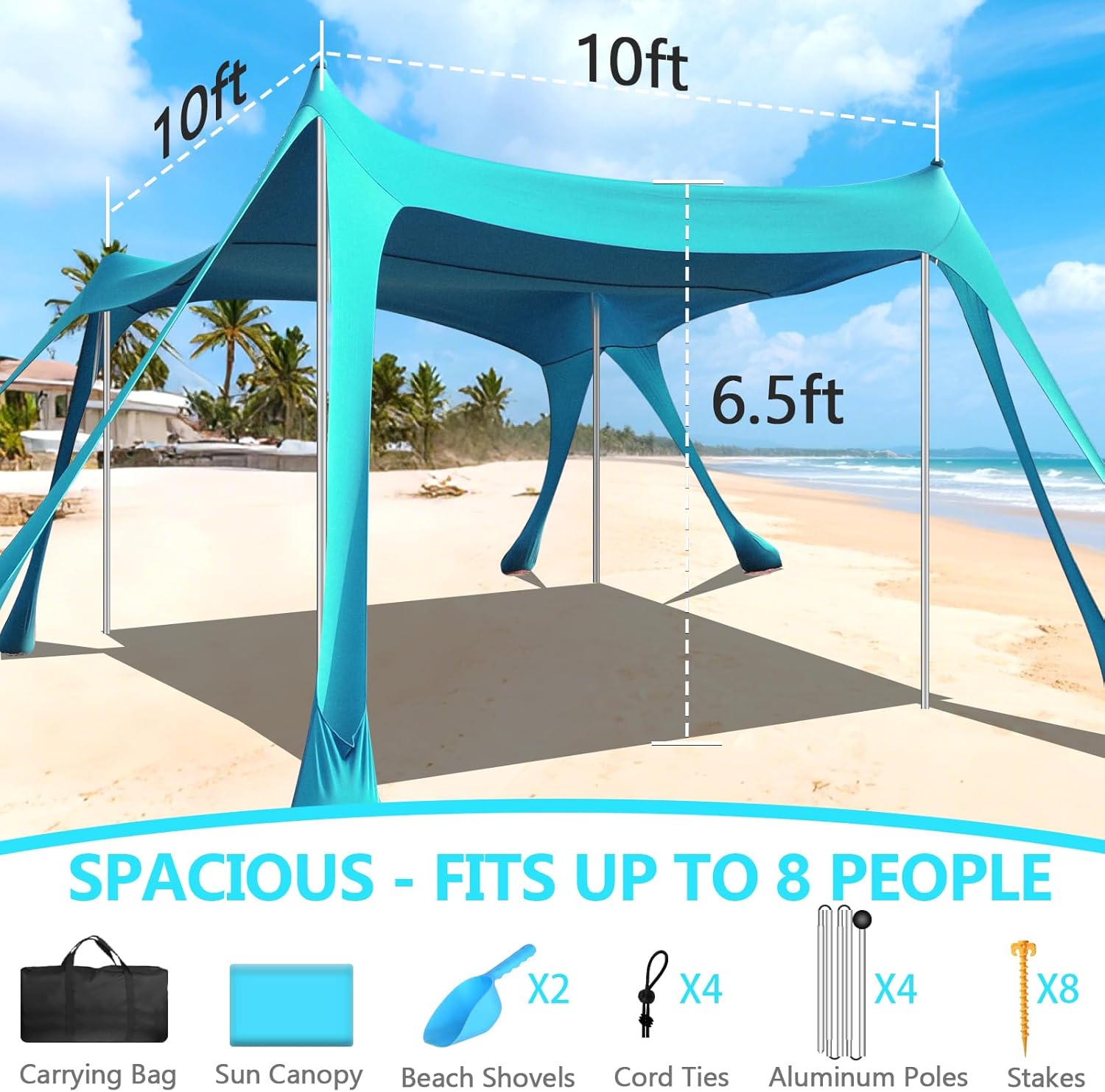 Beach Tent Sun Shelter, 10 x 10 FT Beach Canopy Tent Sun Shade Heavy Duty, UPF50+ Beach Tent Canopy with 8 Sandbags & 4 Stability Poles, Outdoor Beach Shade Canopy for Camping and Fishing, Blue wourant