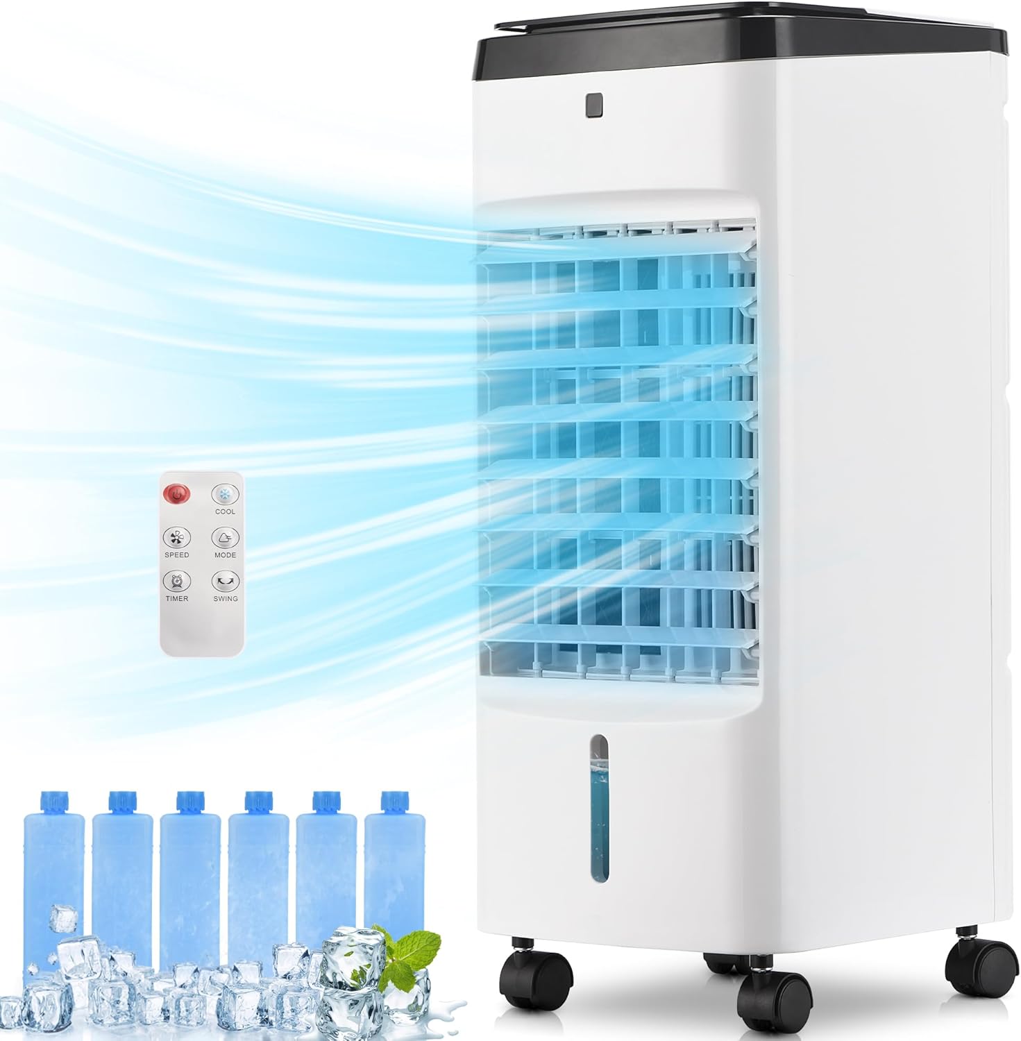 Uthfy Portable Air Conditioners, 3 IN 1 Evaporative Air Cooler with Detachable Water Tank, 6 Ice Packs, 12H Timer, 120° Oscillation, Remote, 3 Speeds, 4 Modes, Swamp Cooler for Bedroom, Office woonhhop